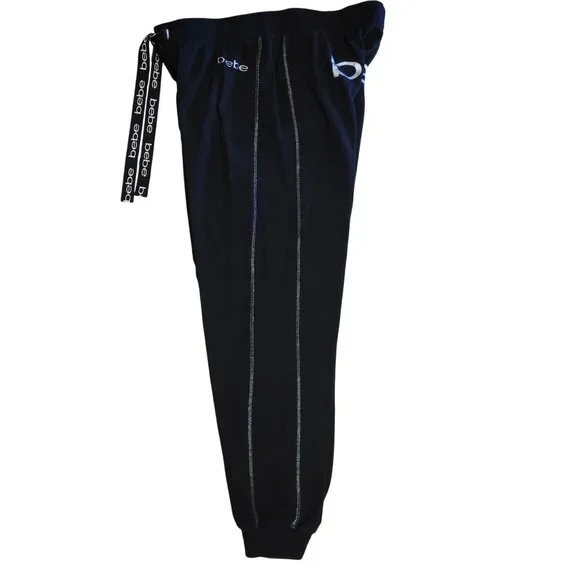 Bebe Women's Size XL Black Joggers With Logo Contrast Stitching Drawstring Waist - Picture 4 of 10